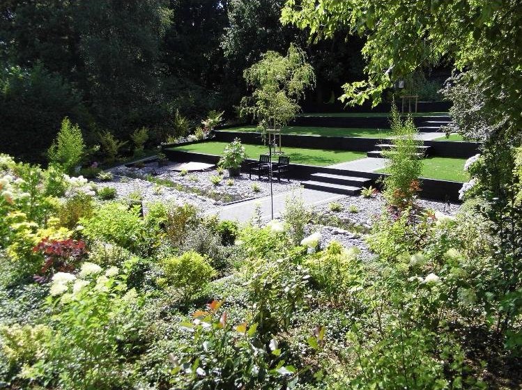 Terraced landscaped garden with stepped lawn levels and mature planting